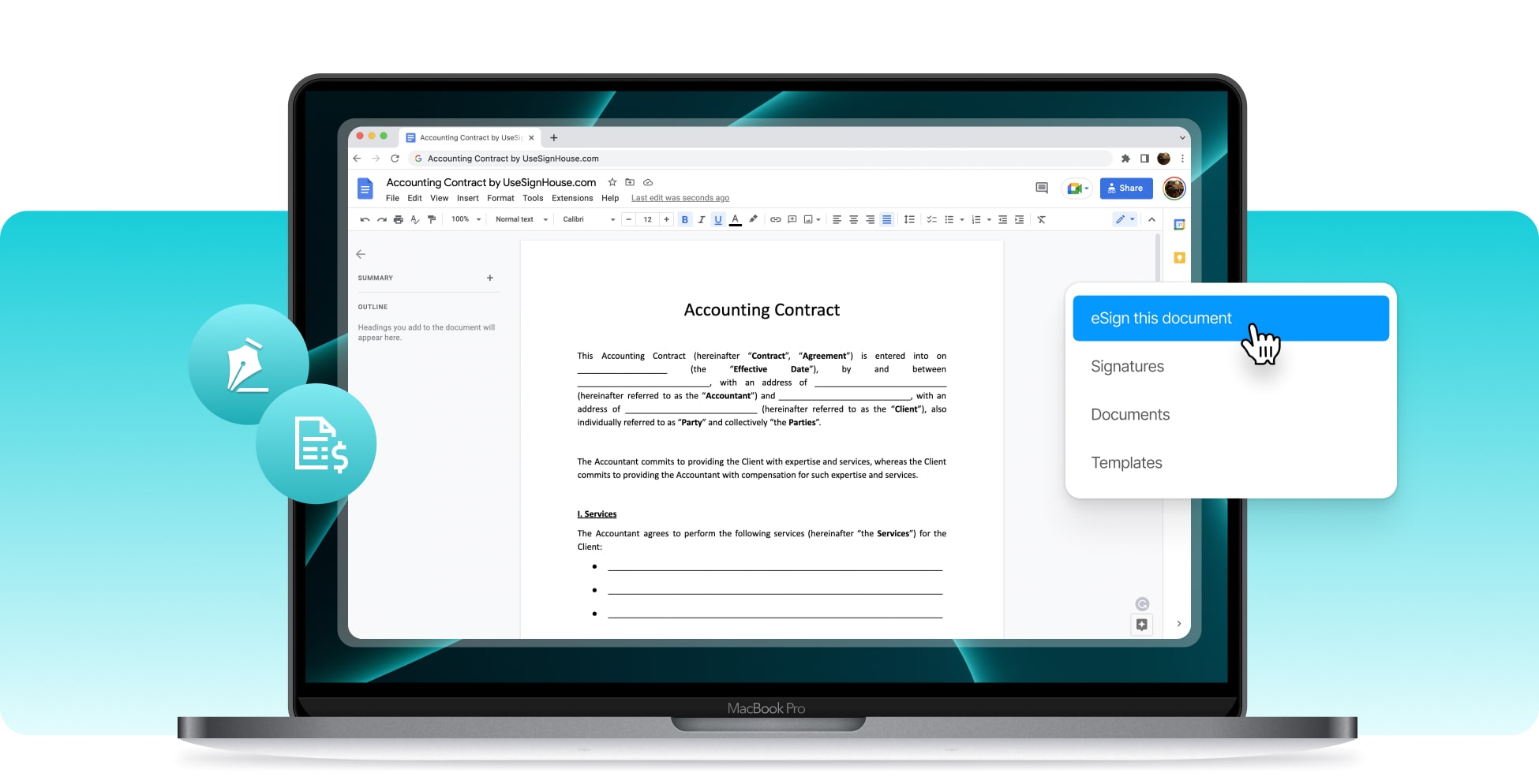 Add signature to accounting contract, the 100 faster way